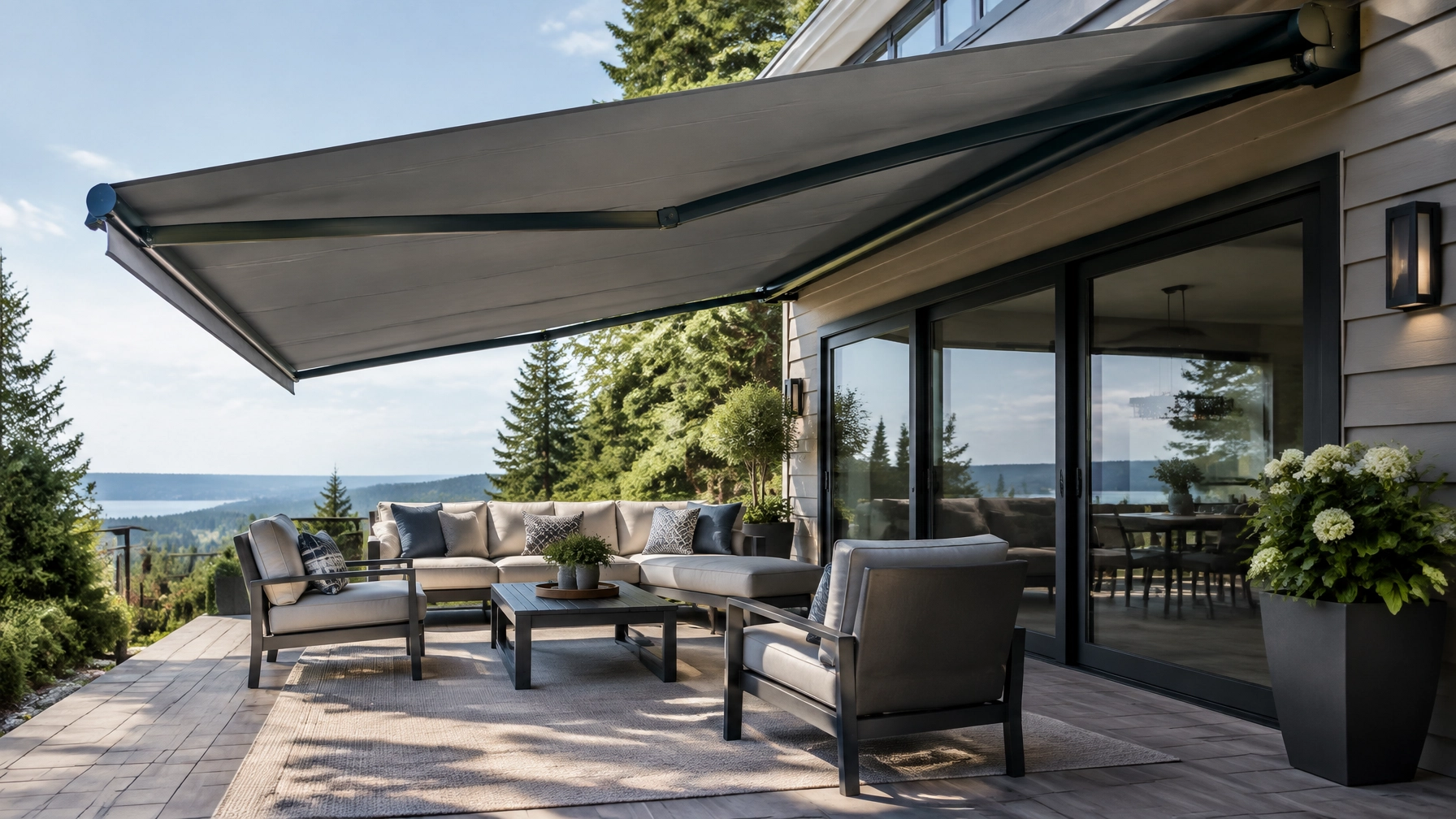 Retractable awning extending from a residential home